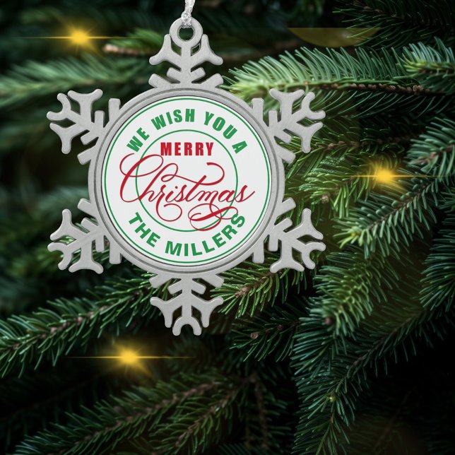 Wir wünschen Ihnen einen fröhlichen Weihnachtsfest Schneeflocken Zinn-Ornament (Von Creator hochgeladen)