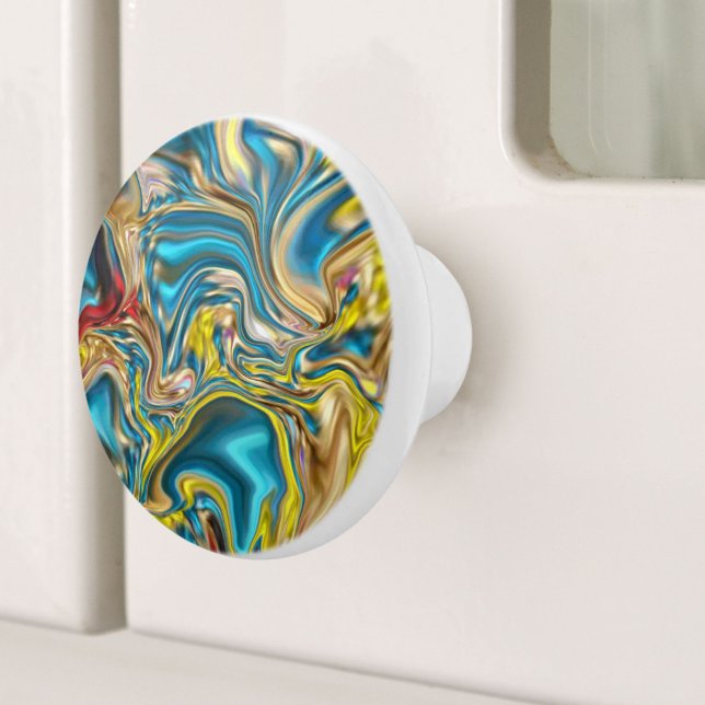 Wirbel aus abstraktem Marmor, aquamarin türkisblau Keramikknauf (abstract marble swirls yellow teal turquoise blue ceramic knob)