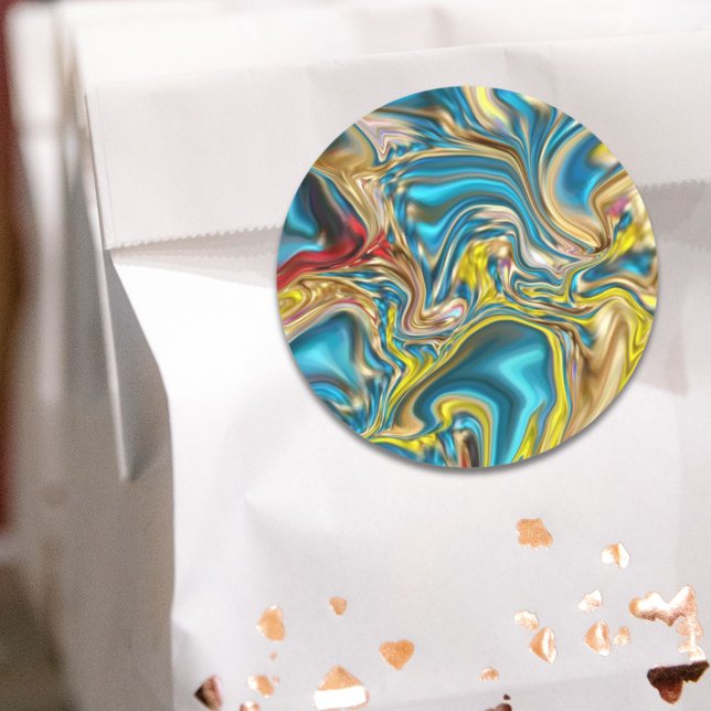 Wirbel aus abstraktem Marmor, aquamarin türkisblau Runder Aufkleber (abstract marble swirls yellow teal turquoise blue classic round sticker)