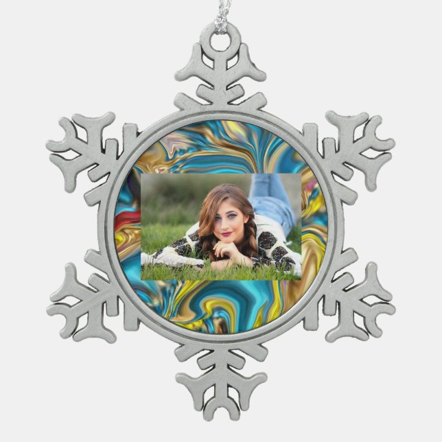 Wirbel aus abstraktem Marmor, aquamarin türkisblau Schneeflocken Zinn-Ornament (Vorderseite)