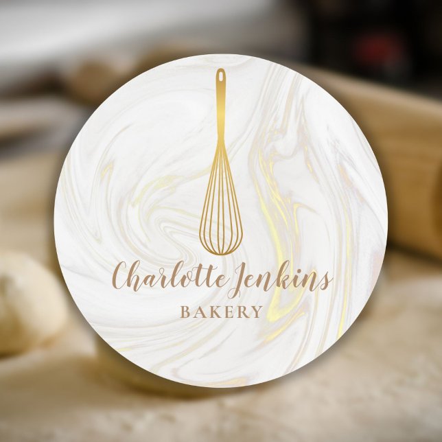 Wirbel aus Goldwhisk Bakery Patisserie Marmor Runder Aufkleber (Gold Whisk Bakery Patisserie Marble Swirls Classic Round Sticker)