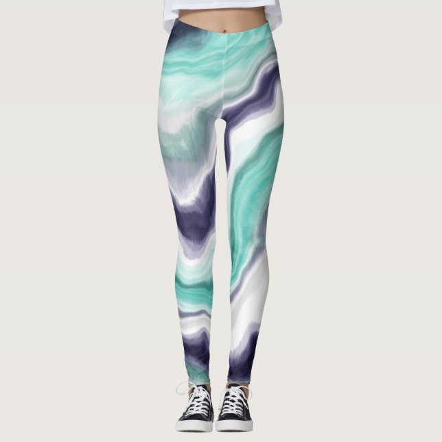 Wirbel aus türkisfarbenem, blauem und weißem Marmo Leggings (Vorderseite)