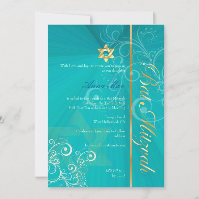 Wirbel Bat Mitzvah/aqua blue/gold Einladung (Vorderseite)
