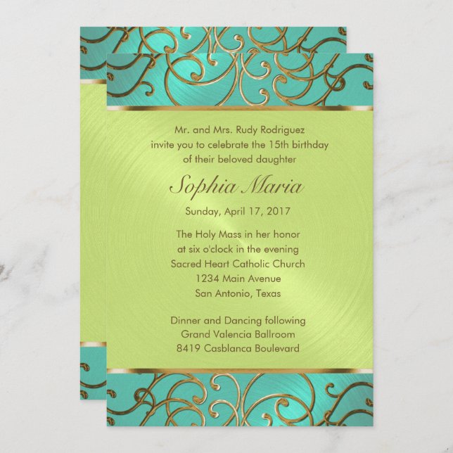 Wirbel der Aqua Lime Green Gold Filigree Einladung (Vorne/Hinten)