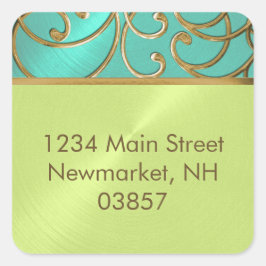 Wirbel der Aqua Lime Green Gold Filigree Quadratischer Aufkleber