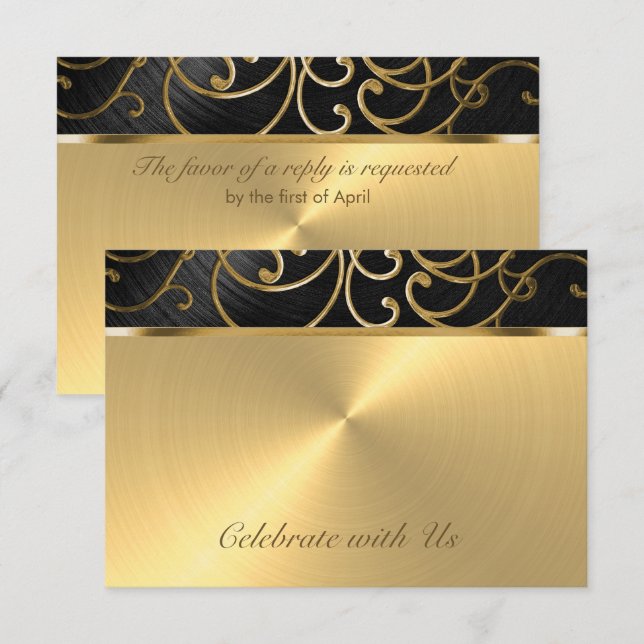Wirbel der Quinceanera Black and Gold Filigree RSVP Karte (Vorne/Hinten)