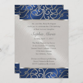 Wirbel der Quinceanera Navy Blue und Silver Filigr Einladung