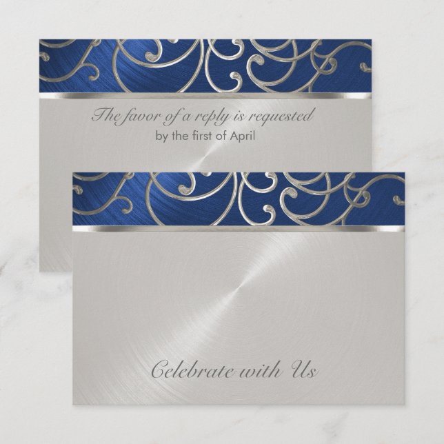 Wirbel der Quinceanera Navy Blue und Silver Filigr RSVP Karte (Vorne/Hinten)