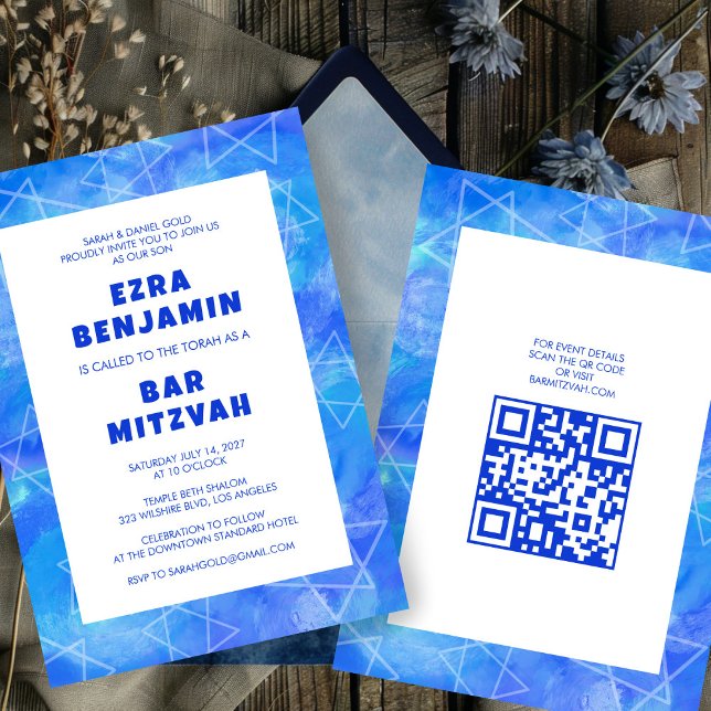 Wirbel für Aquarellbilder, kundenspezifischer QR-C Einladung (Watercolor Swirls Custom QR CODE Bar Bat Mitzvah Invitation
)