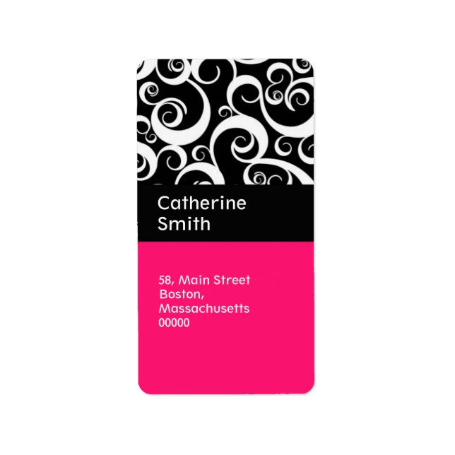 Wirbel mit Hot-Pink- und Black-Damask-Namen Adressaufkleber (Vorne)