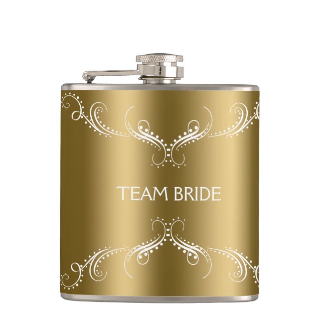 Wirbel mit weißer Blume über Gold Flachmann (Vorderseite)