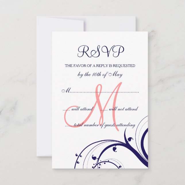 Wirbel Navy Blue Coral Pink Wedding RSVP Card (Vorderseite)