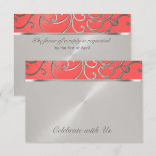 Wirbel Quinceanera Coral Pink und Silver Filigree Einladung