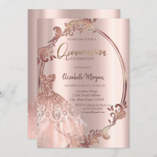 Wirbel Rahmen Rose Gold Glitzer Kleid Quinceañera Einladung
