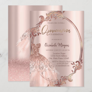 Wirbel Rahmen Rosen Gold Glitter Kleid Quinceañera Einladung