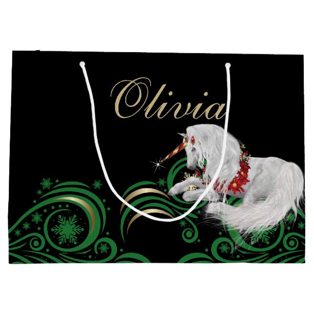 Wirbel und Schneeflocken Einicorn Green und Gold J Große Geschenktüte (Rückseite)