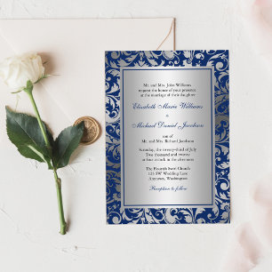 Wirbel von Navy Blue und Silver Damask Hochzeiten Einladung