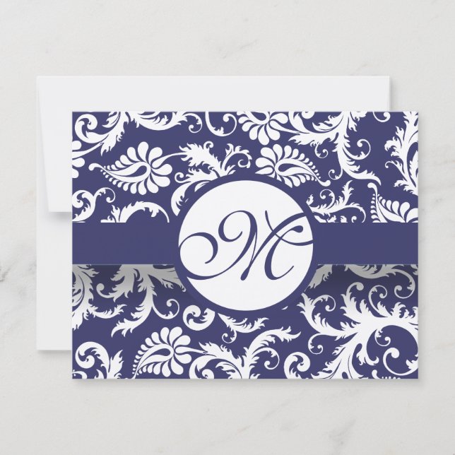 Wirbel von Navy Damask-Hochzeitkarten-UAWG RSVP Karte (Vorderseite)