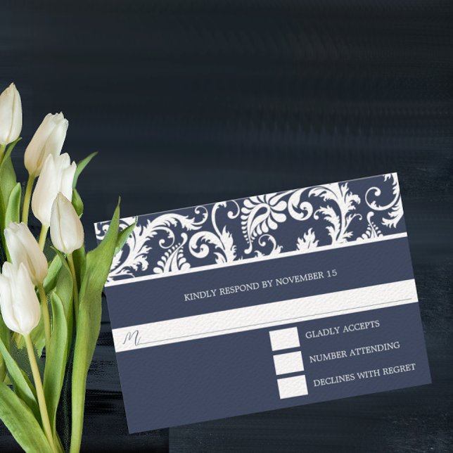 Wirbel von Navy Damask-Hochzeitkarten-UAWG RSVP Karte (Von Creator hochgeladen)