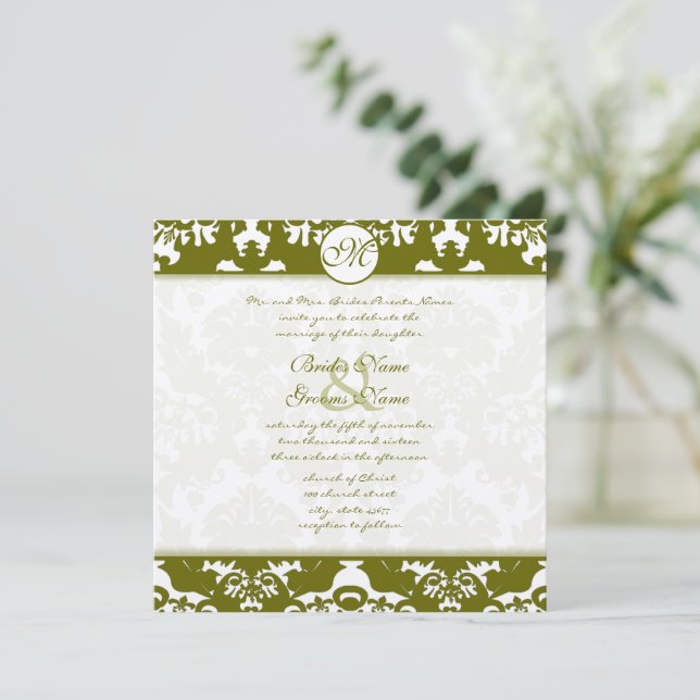 Wirbel von Olive Damask in neuen Größen Hochzeitsf Einladung (Stehend Vorderseite)