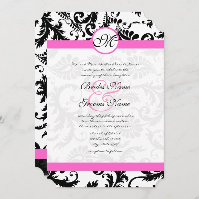 Wirbel von Pink & Black Damask zum Hochzeitsempfan Einladung (Vorne/Hinten)