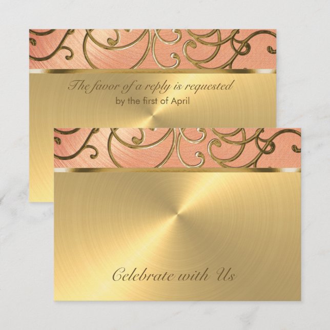 Wirbel von Quinceanera Peach und Gold Filigree Einladung (Vorne/Hinten)