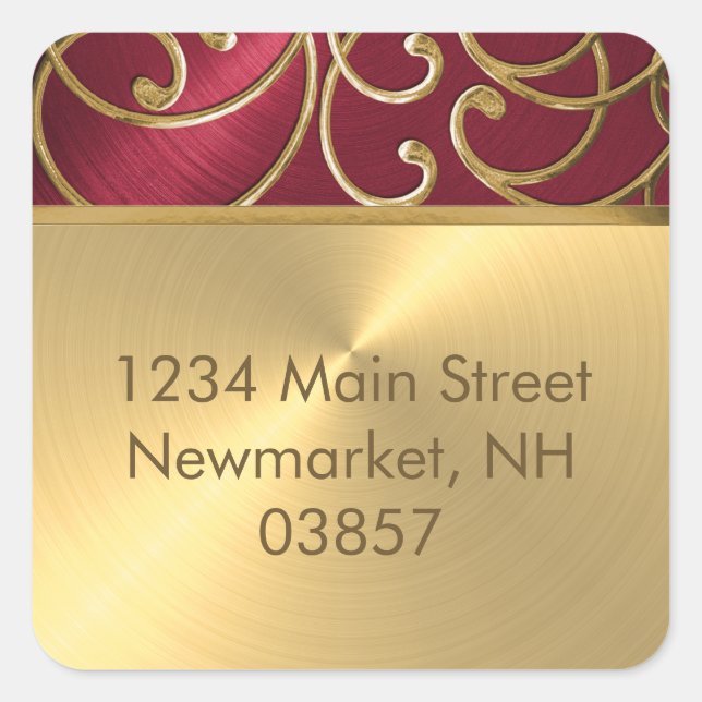 Wirbel von Quinceanera Red and Gold Filigree Quadratischer Aufkleber (Vorderseite)