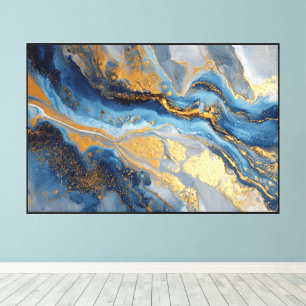Wirbelnde blaue und goldene Fluid-Marmor-Abstraktk Leinwanddruck
