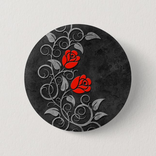 Wirbelnde dunkle Steinrote Rosen Button (Vorderseite)