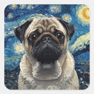 Wirbelnde Nacht-Himmel-Malerei Beige-Pug-Kunst Quadratischer Aufkleber
