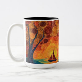 "Wirbelnder Sonnenuntergangsbaum & Segelboot Zweifarbige Tasse