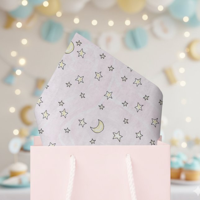 Wirble rosa Sterne und Mond Seidenpapier (Cute Stars and Moons Pattern Pastel Pink Gender Neutral Baby Shower Tissue Paper for Mother to Be.)