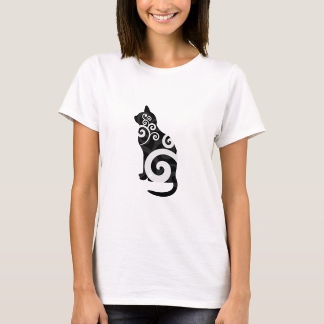 Wirbles Katzen-Schwarzes T-Shirt (Vorderseite)