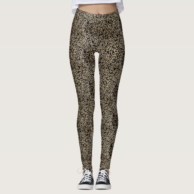 Wirbles Schwarz-Gold-Muster Leggings (Vorderseite)