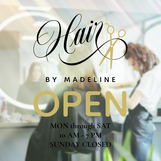 Wirbles Schwarzes Haar & Schere Friseur Salon Öffn Fensteraufkleber (Von Creator hochgeladen)