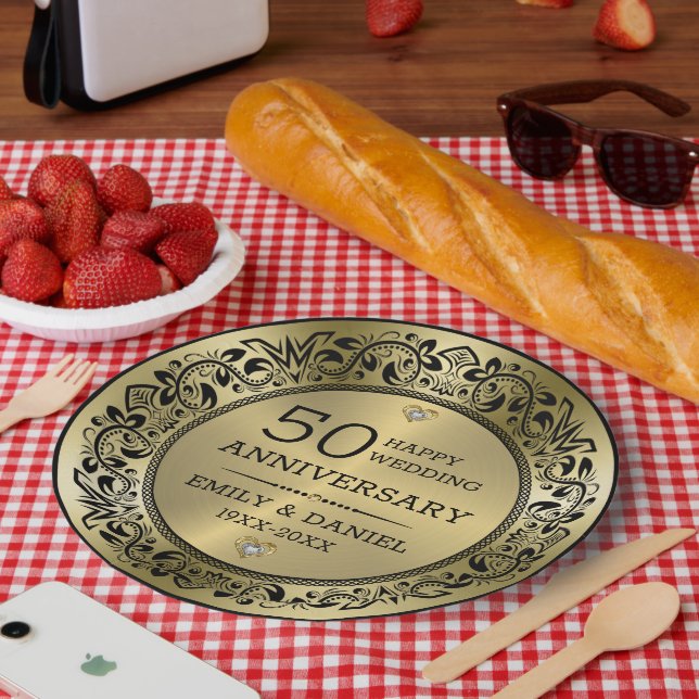 Wirbles Schwarzes Rahmen 50. Hochzeitstag Pappteller (Picknick)