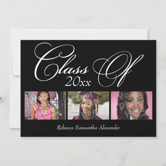 Wirbles Schwarzes Skript mit 3-Foto-Abschluss Einladung (Vorderseite)