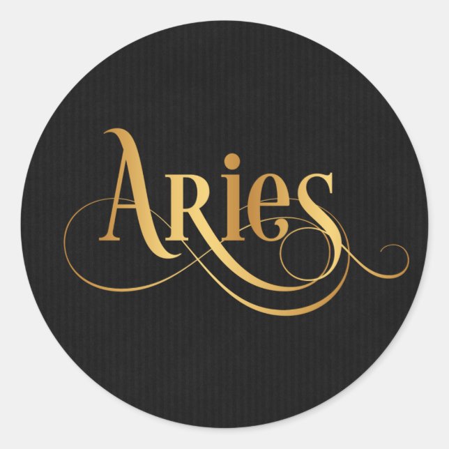 Wirbles Script Zodiac Sign Aries Gold auf schwarz Runder Aufkleber (Vorderseite)