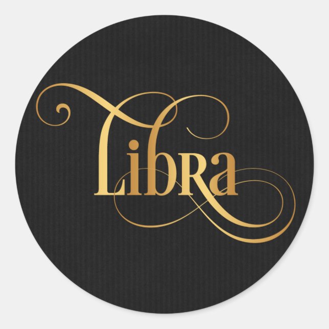 Wirbles Script Zodiac Signa Libra Gold auf schwarz Runder Aufkleber (Vorderseite)