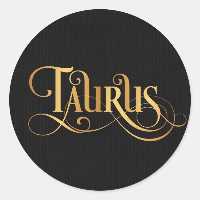 Wirbles Script Zodiac Signing Taurus Gold auf schw Runder Aufkleber (Vorderseite)
