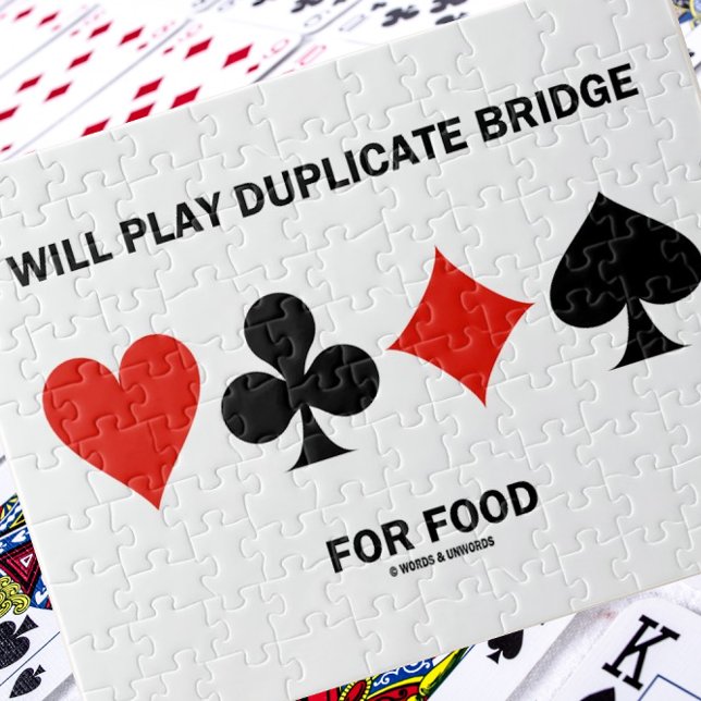 Wird Duplikatbrille für Anzug von Lebensmittelkart Puzzle (Jigsaw puzzle w/ the four card suits + the bridge saying "Will Play Duplicate Bridge For Food")
