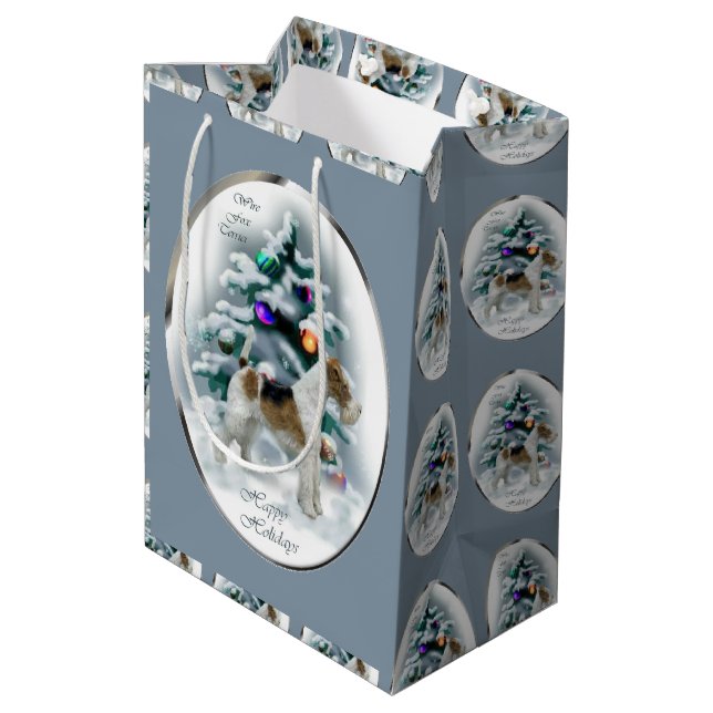 Wire Fox Terrier Christmas Mittlere Geschenktüte (Rückseite Schrägansicht)