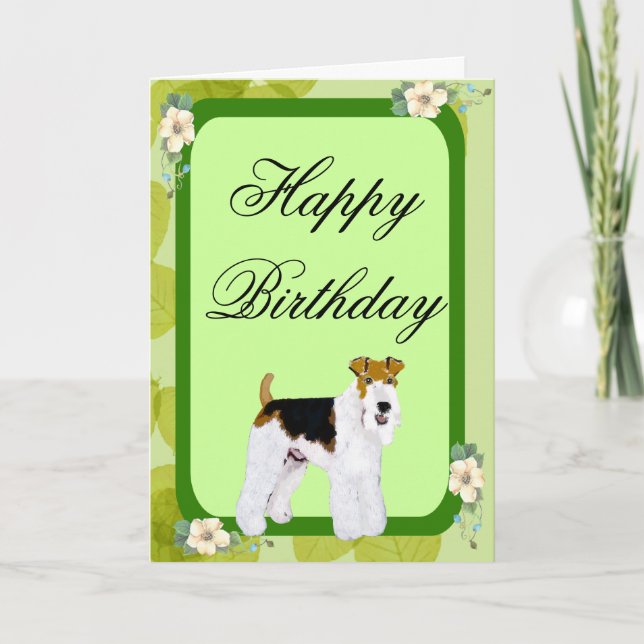 Wire Fox Terrier - Design grüner Blätter Karte (Vorderseite)