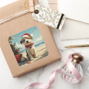 Wire Fox Terrier Dog Christmas Vintag Beach Quadratischer Aufkleber