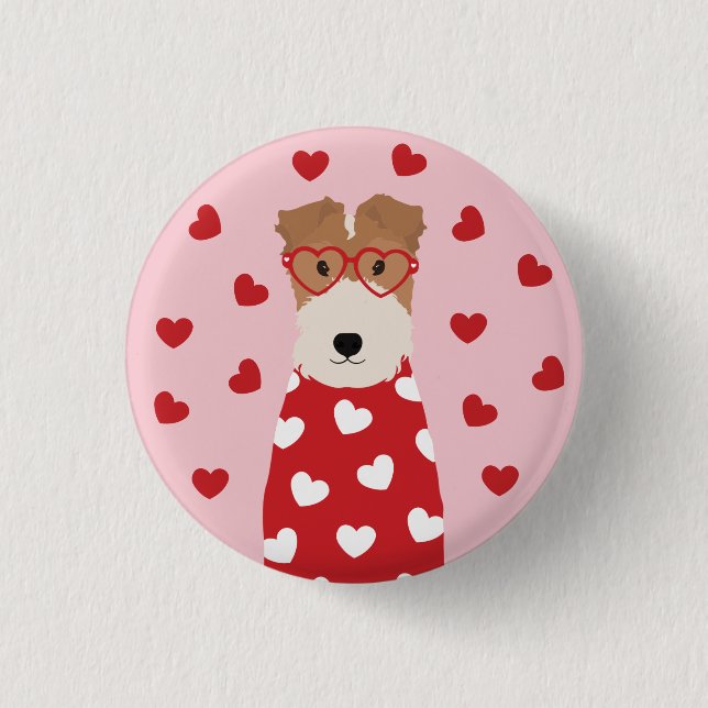 Wire Fox Terrier Hund Herz Brille Rosa Button (Vorderseite)