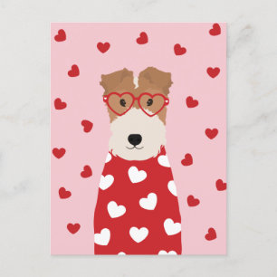 Wire Fox Terrier Hund Herz Brille Rosa Postkarte