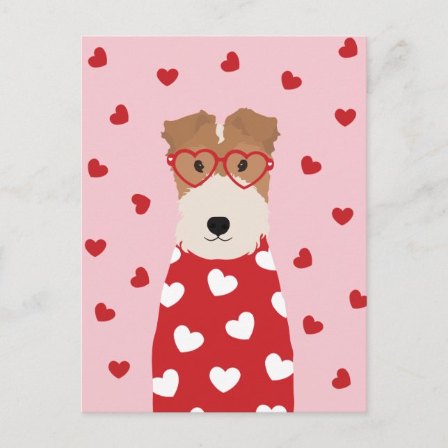 Wire Fox Terrier Hund Herz Brille Rosa Postkarte (Vorderseite)