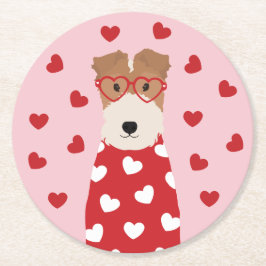 Wire Fox Terrier Hund Herz Brille Rosa Runder Pappuntersetzer