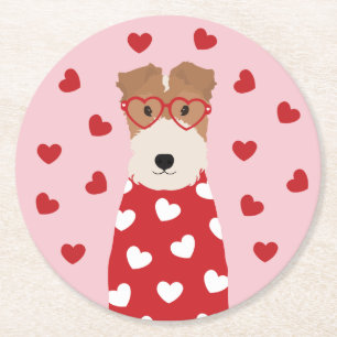 Wire Fox Terrier Hund Herz Brille Rosa Runder Pappuntersetzer