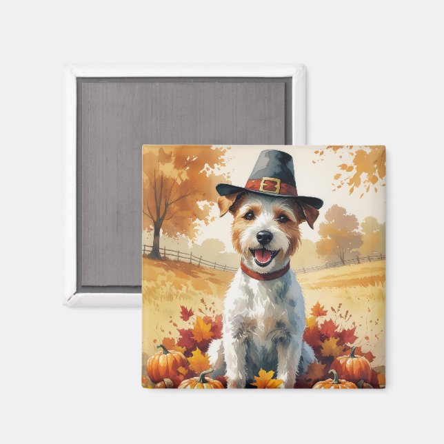 Wire Fox Terrier im Herbst hinterlässt Erntedank K Magnet (Vorderseite/Rückseite)